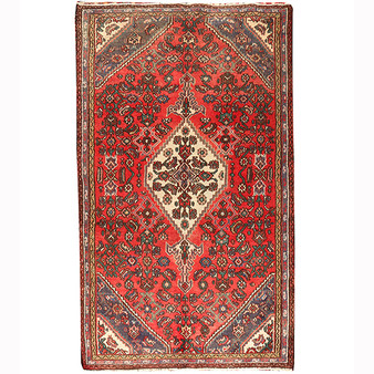 Nahavand Persian Rug 8x4 ft - Semi Antique Medallion Navy Blue, Red Hand Knotted | front view | SKU 110427