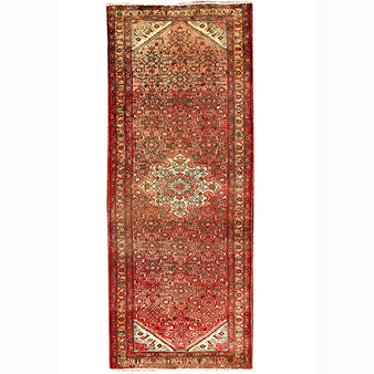 Hamadan Persian Rug 10'6" x 3'9" - Semi Antique Afshan Red, Blue Hand Knotted | front view | SKU 110429