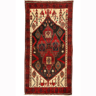 Baluch Persian Rug 5x3 ft - Semi Antique Medallion Madder Red, Cream, Dark Red Hand Knotted | front view | SKU 110431