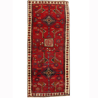 Baluch Persian Rug 6x3 ft - Semi Antique Mihrab Red, Blue Hand Knotted | front view | SKU 110432