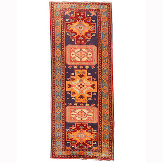 Ardabil Persian Rug 11'11" x 4'8" - Semi Antique Medallion Turquoise, White Hand Knotted | front view | SKU 110434