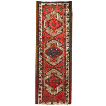 Sarab Persian Rug 10'0" x 3'5" - Semi Antique Medallion Camel, Blue Hand Knotted | front view | SKU 110435