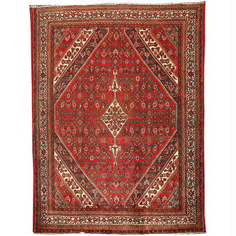 Hamadan Persian Rug 10x7 ft - Semi Antique Afshan Red, Blue Hand Knotted | front view | SKU 110436
