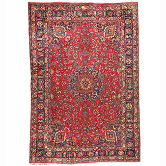 Mashad Persian Rug 10'0" x 6'9" - Semi Antique Medallion Crimson, Ultramarine Hand Knotted | front view | SKU 110437