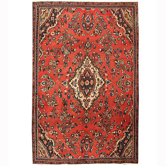 Hamadan Persian Rug 8x5 ft - Semi Antique Medallion (Toranj), Herati (Mahi) Madder Red, Navy Blue, Cream Hand Knotted | front view | SKU 110450