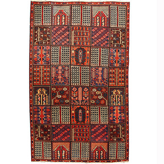 Bakhtiari Persian Rug 8x5 ft - Semi Antique Kheshti (Garden), Geometric Dark Red, Crimson, Cream Hand Knotted | front view | SKU 110459
