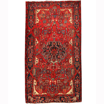 Nahavand Persian Rug 9x5 ft - Semi Antique Medallion Navy Blue, Red Hand Knotted | front view | SKU 110460