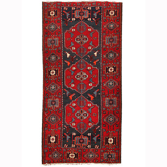 Saveh Persian Rug 9'2" x 4'3" - Semi Antique Medallion Red, Brown Hand Knotted | front view | SKU 110461