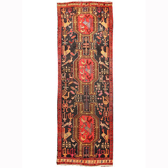 Ardabil Persian Rug 10'9" x 3'8" - Semi Antique Medallion Turquoise, White Hand Knotted | front view | SKU 110462