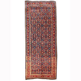 Arak Persian Rug 12x4 ft - Semi Antique Herati (Mahi) Dark Red, Navy Blue, Crimson Hand Knotted | front view | SKU 110464