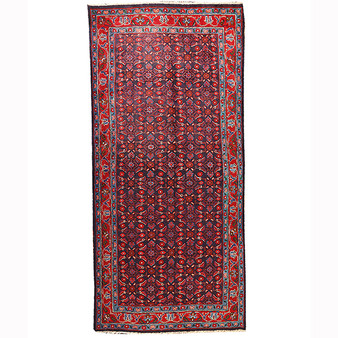 Arak Persian Rug 10x4 ft - Semi Antique Herati (Mahi), Afshan (All-Over) Madder Red, Navy Blue, Crimson Hand Knotted | front view | SKU 110465
