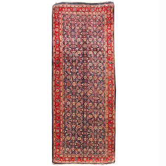 Arak Persian Rug 12x4 ft - Semi Antique Herati (Mahi), Afshan (All-Over) Navy Blue, Madder Red, Crimson Hand Knotted | front view | SKU 110466