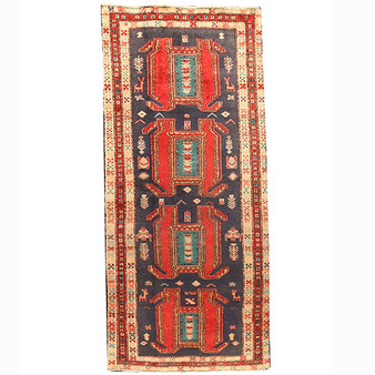Ardabil Persian Rug 8x3 ft - Semi Antique Medallion (Toranj), Geometric Madder Red, Navy Blue, Cream Hand Knotted | front view | SKU 110468