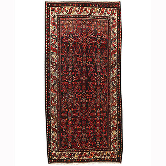 Farahan Persian Rug 9'4" x 4'5" - Semi Antique Medallion Red, Green Hand Knotted | front view | SKU 110472
