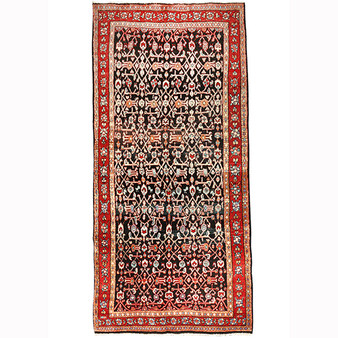 Hamadan Persian Rug 9x4 ft - Semi Antique Herati Afshan Dark Red, Cream, Navy Blue Hand Knotted | front view | SKU 110473