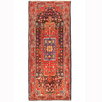 Hamadan Persian Rug 9x3 ft - Semi Antique Mihrab (Prayer), Tree of Life Madder Red, Navy Blue, Cream Hand Knotted | front view | SKU 110474