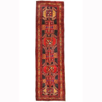 Ardabil Persian Rug 13'1" x 3'7" - Semi Antique Medallion Turquoise, White Hand Knotted | front view | SKU 110476