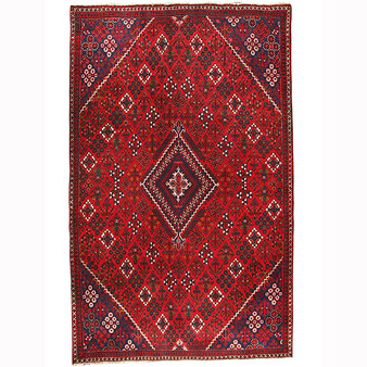 Joshaqan Persian Rug 10x6 ft - Semi Antique Diamond Lattice, Geometric Madder Red, Navy Blue, White Hand Knotted | front view | SKU 110477