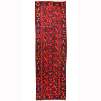 Ferdos Persian Rug 10x3 ft  Semi Antique Geometric Red, Beige Hand Knotted | front view | SKU 110480