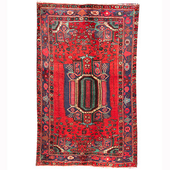 Gholtogh Persian Rug 6x4 ft  Semi Antique Medallion Crimson, Navy Blue Hand Knotted | front view | SKU 110482