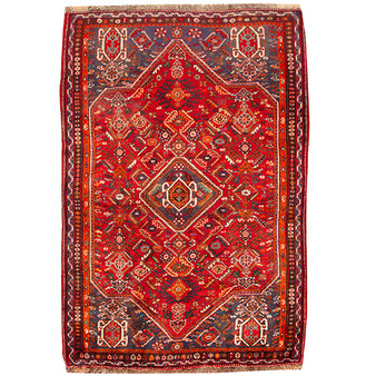 Shiraz Persian Rug 6x4 ft - Semi Antique Medallion (Toranj), Geometric Madder Red, Dark Red, Cream Hand Knotted | front view | SKU 110500
