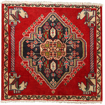 Shiraz Persian Rug 2x2 ft - Semi Antique Medallion (Toranj), Geometric Red, Black, Cream Hand Knotted | front view | SKU 110502