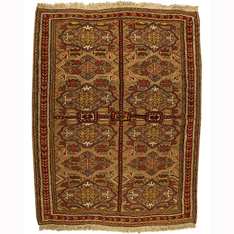 Sirjan Persian Rug 5x4 ft - Semi Antique Kheshti Garden, Geometric Camel, Dark Red, Burgundy Hand Knotted | front view | SKU 110506