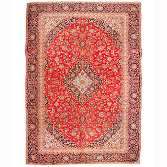 Kashan Persian Rug 12'0" x 8'5" - Semi Antique Medallion Crimson, Navy Blue Hand Knotted | front view | SKU 110509