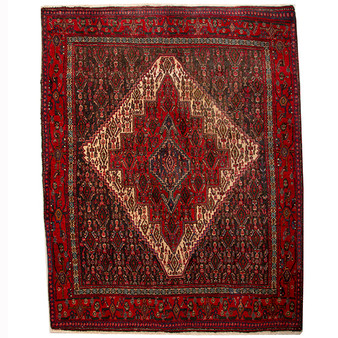 Senneh Persian Rug 5'3" x 4'3" - Semi Antique Medallion Crimson, Navy Blue Hand Knotted | front view | SKU 110511
