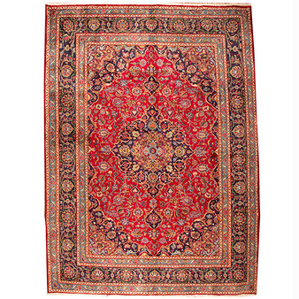 Mashhad Persian Rug 11x8 ft - Semi Antique Shah Abbasi, Medallion (Toranj) Crimson, Navy Blue, Cream Hand Knotted | front view | SKU 110512