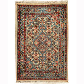 Birjand Persian Rug 3x1 ft - Semi Antique Medallion (Toranj), Herati (Mahi) Cream, Madder Red, Navy Blue Hand Knotted | front view | SKU 110513
