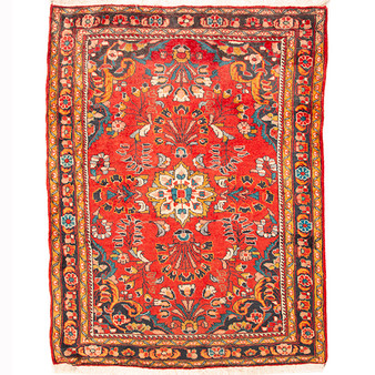 Hamadan Persian Rug 4'7" x 3'9" - Semi Antique Afshan Red, Blue Hand Knotted | front view | SKU 110514