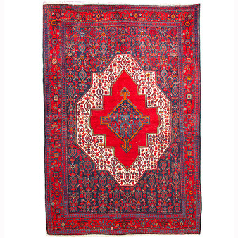 Senneh Persian Rug 6x4 ft - Semi Antique Medallion Crimson, Navy Blue Hand Knotted | front view | SKU 110515