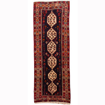 Shiraz Persian Rug 9x3 ft - Semi Antique Medallion Toranj Geometric Dark Red Madder Red Cream Hand Knotted | front view | SKU 110516