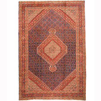 Ardabil Persian Rug 9x6 ft - Semi Antique Medallion (Toranj), Herati (Mahi) Navy Blue, Madder Red, Cream Hand Knotted | front view | SKU 110521
