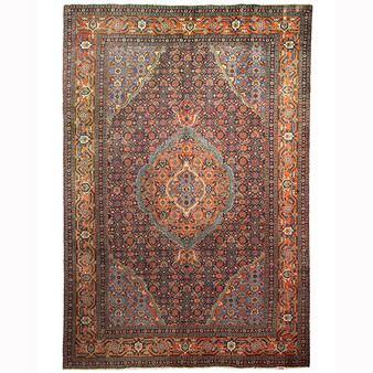 Ardabil Persian Rug 10'3" x 7'5" - Semi Antique Medallion Turquoise, White Hand Knotted | front view | SKU 110522