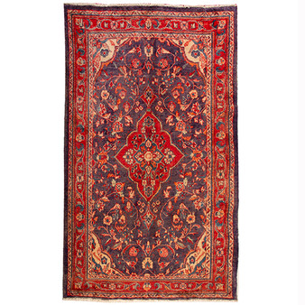 Mahal Persian Rug 6x4 ft - Semi Antique Medallion (Toranj), Herati (Mahi) Navy Blue, Madder Red, Cream Hand Knotted | front view | SKU 110526