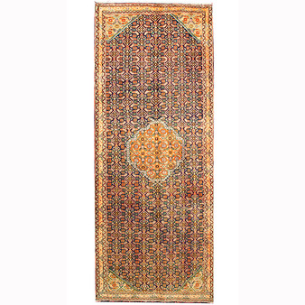 Ardabil Persian Rug 9'4" x 3'7" - Semi Antique Medallion Turquoise, White Hand Knotted | front view | SKU 110528