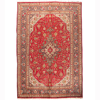 Tabriz Persian Rug 9'10" x 6'7" - Semi Antique Medallion Red, Cream Hand Knotted | front view | SKU 110531