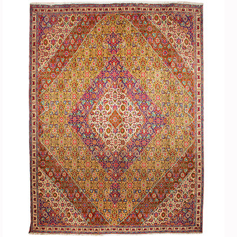 Ardabil Persian Rug 10x8 ft - Semi Antique Medallion Turquoise, White Hand Knotted | front view | SKU 110532