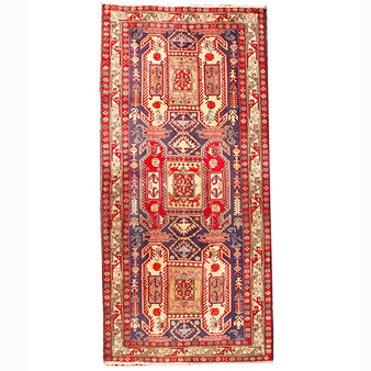 Ardabil Persian Rug 10x4 ft - Semi Antique Medallion Turquoise, White Hand Knotted | front view | SKU 110533