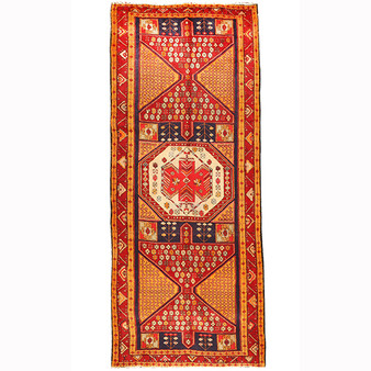 Ardabil Persian Rug 10x4 ft - Semi Antique Geometric, Medallion (Toranj) Red, Cream, Navy Blue Hand Knotted | front view | SKU 110534