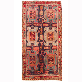 Ardabil Persian Rug 10x4 ft - Semi Antique Medallion Turquoise, White Hand Knotted | front view | SKU 110535