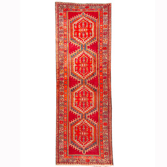 Ardabil Persian Rug 10x3 ft - Semi Antique Medallion Turquoise, White Hand Knotted | front view | SKU 110538