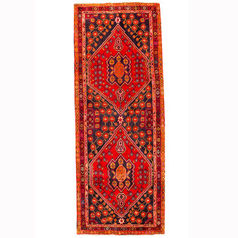 Kurdish Persian Rug 10x4 ft - Semi Antique Medallion (Toranj), Geometric Red, Navy Blue, Rust Red Hand Knotted | front view | SKU 110546
