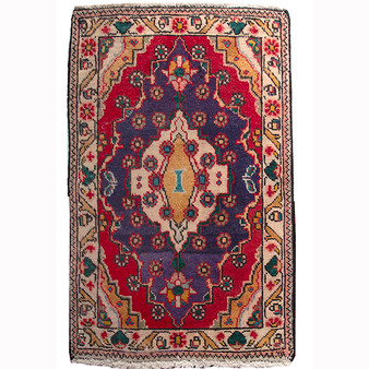 Tabriz Persian Rug 2'9" x 1'10" - Semi Antique Medallion Red, Cream Hand Knotted | front view | SKU 110550