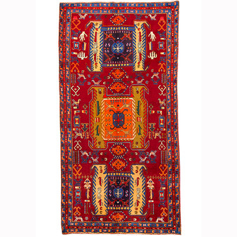 Ardabil Persian Rug 10'2" x 5'3" - Semi Antique Medallion Turquoise, White Hand Knotted | front view | SKU 110590