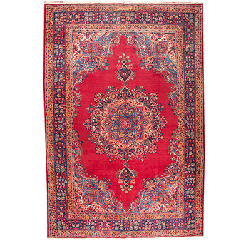 Sabzevar Persian Rug 9'8" x 6'7" - Semi Antique Medallion Crimson, Beige Hand Knotted | front view | SKU 110593