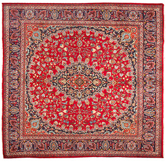 Mashad Persian Rug 9'10" x 9'6" - Semi Antique Medallion Crimson, Ultramarine Hand Knotted | front view | SKU 110594