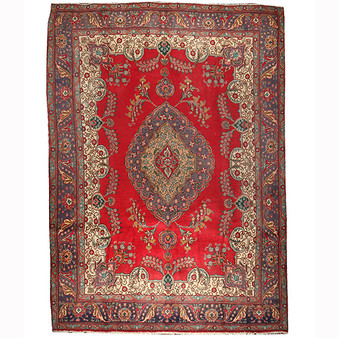 Tabriz Persian Rug 13'1" x 9'6" - Semi Antique Medallion Red, Cream Hand Knotted | front view | SKU 110595